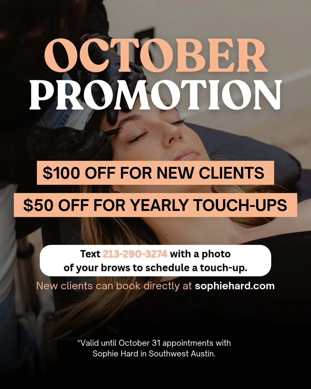 I'm now offering $100 OFF brow tattoos for all new clients and $50 OFF for yearly touch-ups!⁠
⁠
This special is only available through the end of October, so if you've been thinking about getting your brows done, now's the perfect time.⁠
⁠
Text me a 