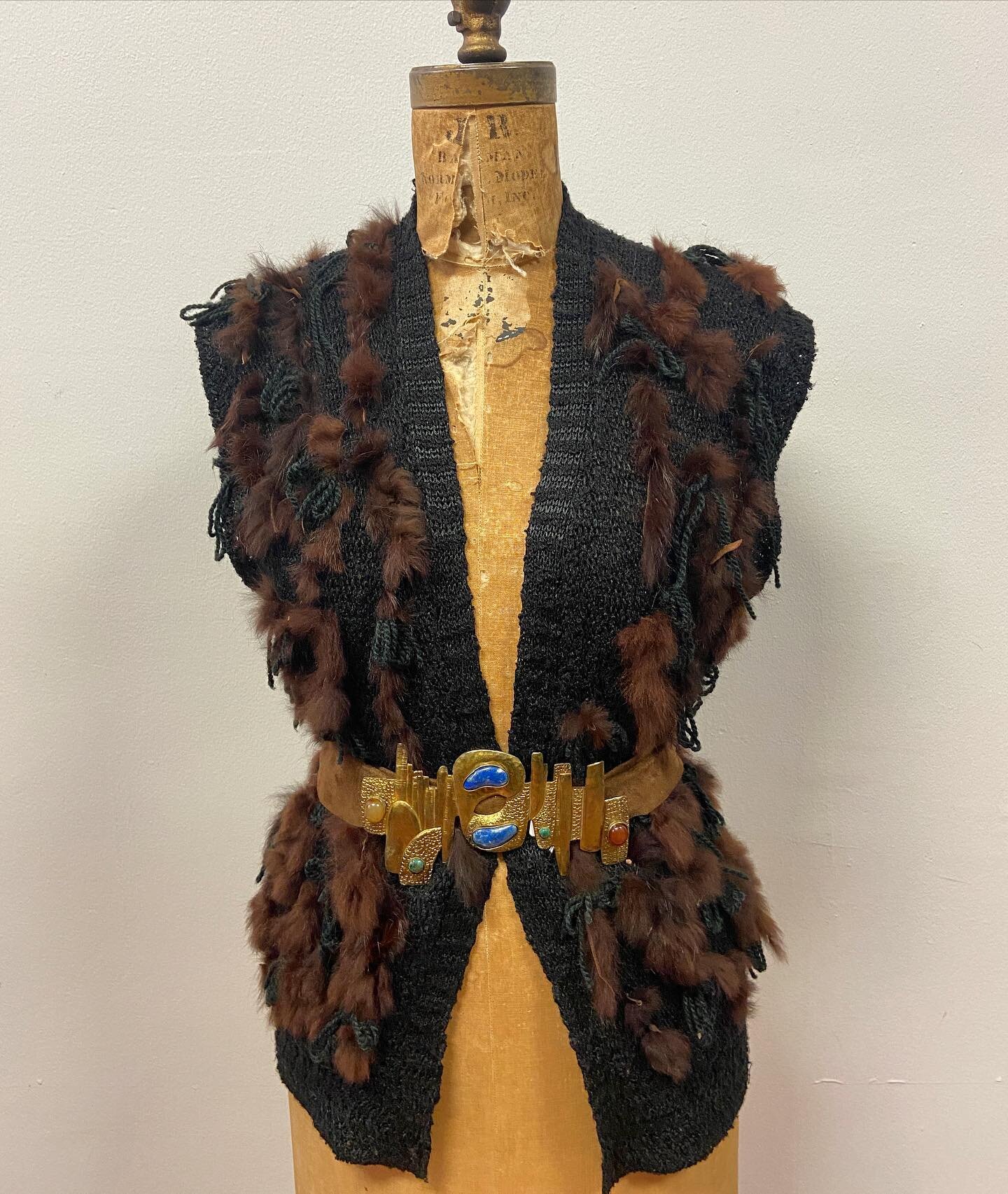 More fabulous new treasures!  1970s Crochetta Knit Vest, S/M, $48.  1990s Suede Stone Belt, S/M, $36.