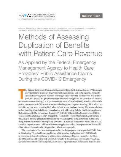 Methods of Assessing Duplication of Benefits with Patient Care Revenue: As Applied by the Federal Emergency Management Agency to Health Care Providers’ Public Assistance Claims During the COVID-19 Emergency