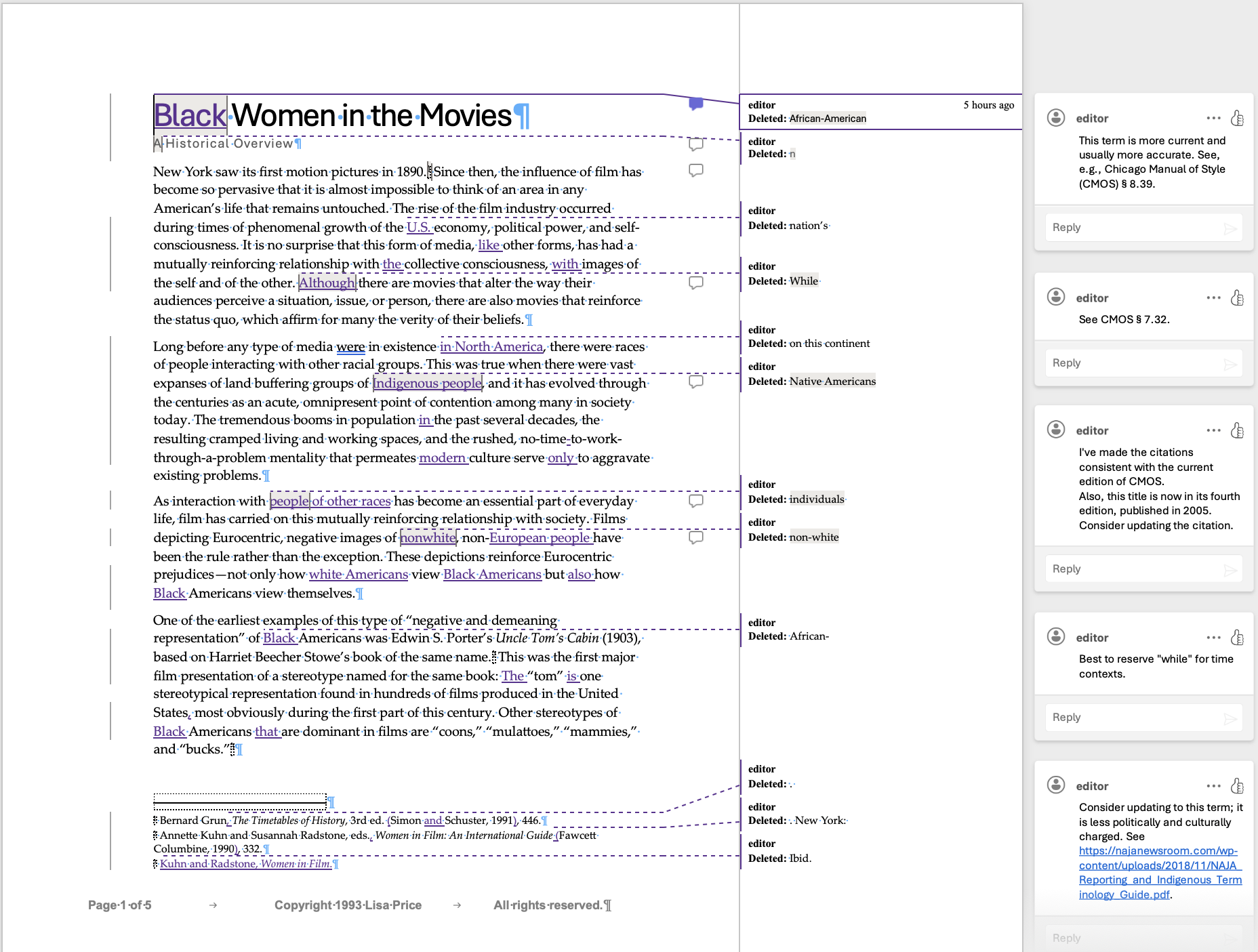An editor marks the things a proofreader marks but also delves into content, evolving and sensitive language, citations, and clarity. Like the proofreader, an editor typically edits to a particular style guide. They will also check facts and make sug