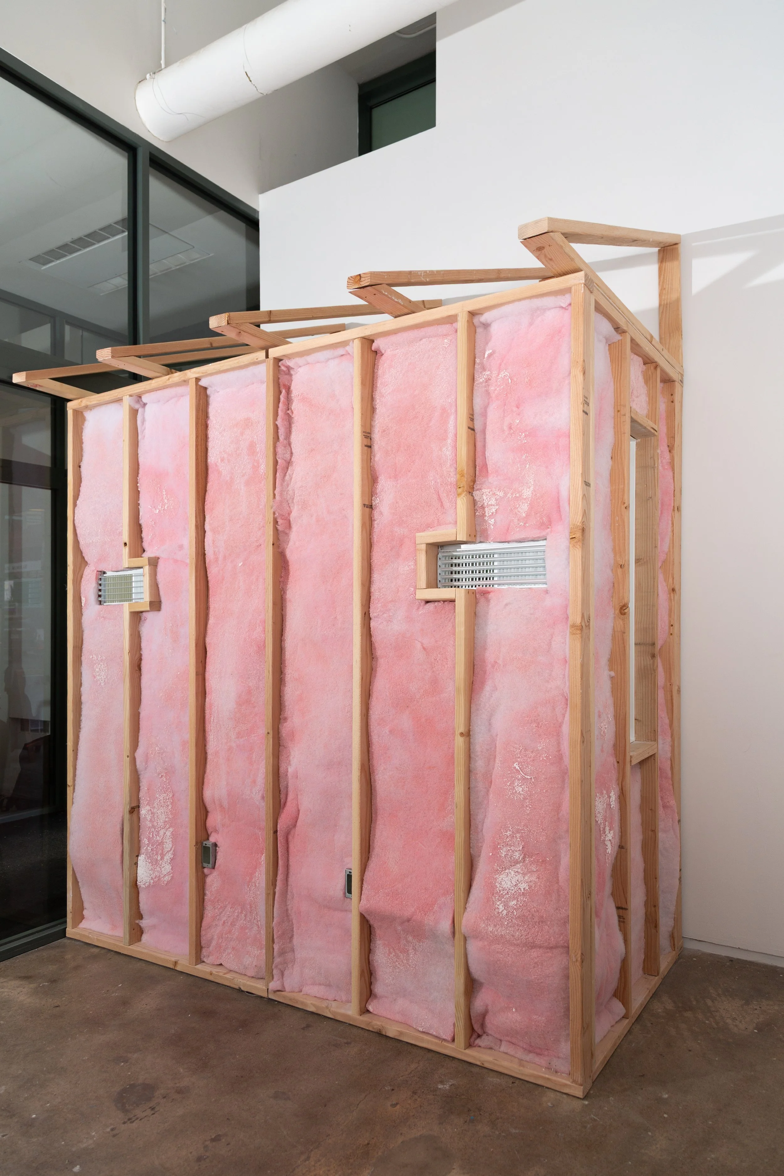 Now More Than Ever, 2025, 2x4s, plywood, cotton batting dyed with house paint, outlet boxes, vent covers, bathroom exhaust light fixtures, ready made medicine cabinets, ready made bathroom accessories, outlets, light switches, bar soap, ready made si