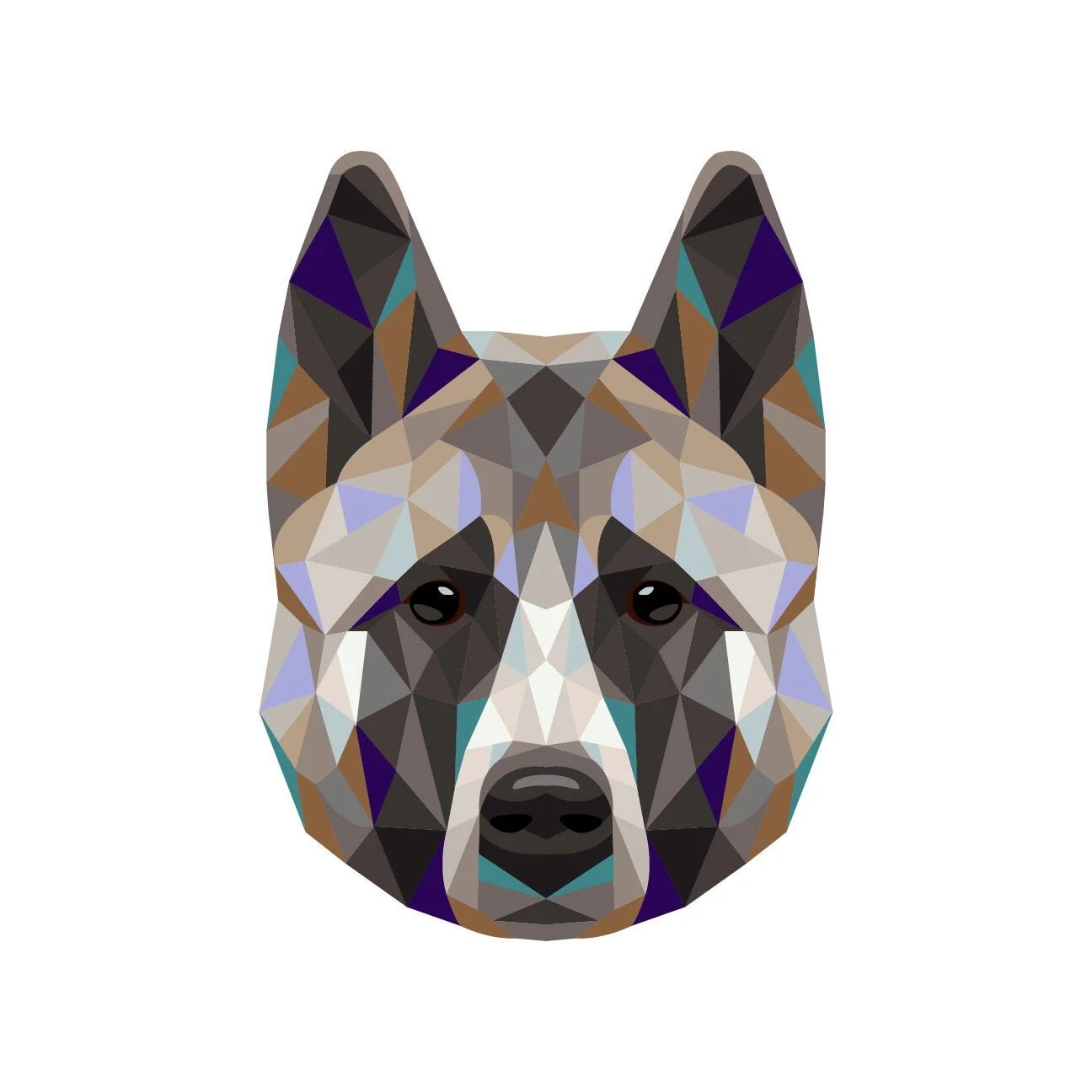 Digital illustration of a wolf's face using geometric shapes in various shades of gray, brown, black, with accents of purple and teal.