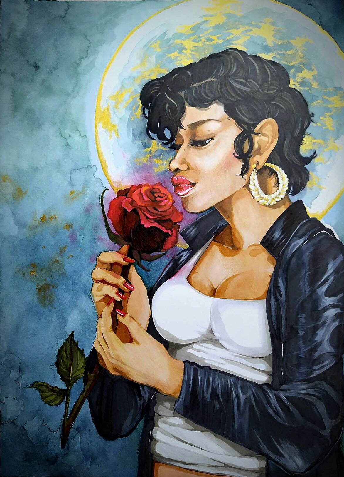 A painting of a woman with curly black hair holding a red rose, set against a blue background with a glowing moon behind her head, wearing large hoop earrings and a black jacket over a white top.