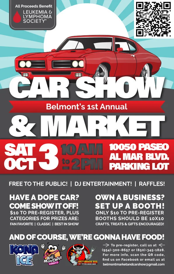 Flyer for Belmont's 1st Annual Car Show & Market featuring a red classic muscle car with background stripes, event details, and logos of Kona Ice, Mini Mouthful Donuts, and Must Smok'n BBQ.