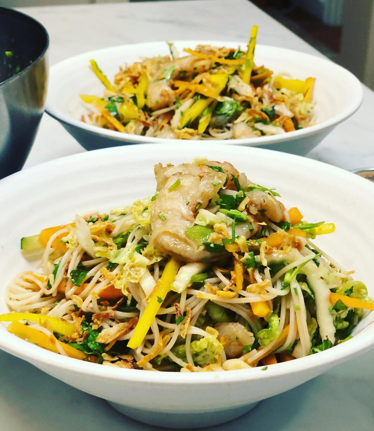 Creative farm-share cookery.  This refreshing shrimp vermicelli noodle salad with crispy shallots was just the dish to cook through my farm share haul: napa cabbage, carrot, cucumber, scallion, yellow pepper, cilantro and mint. Mix it all with rice v