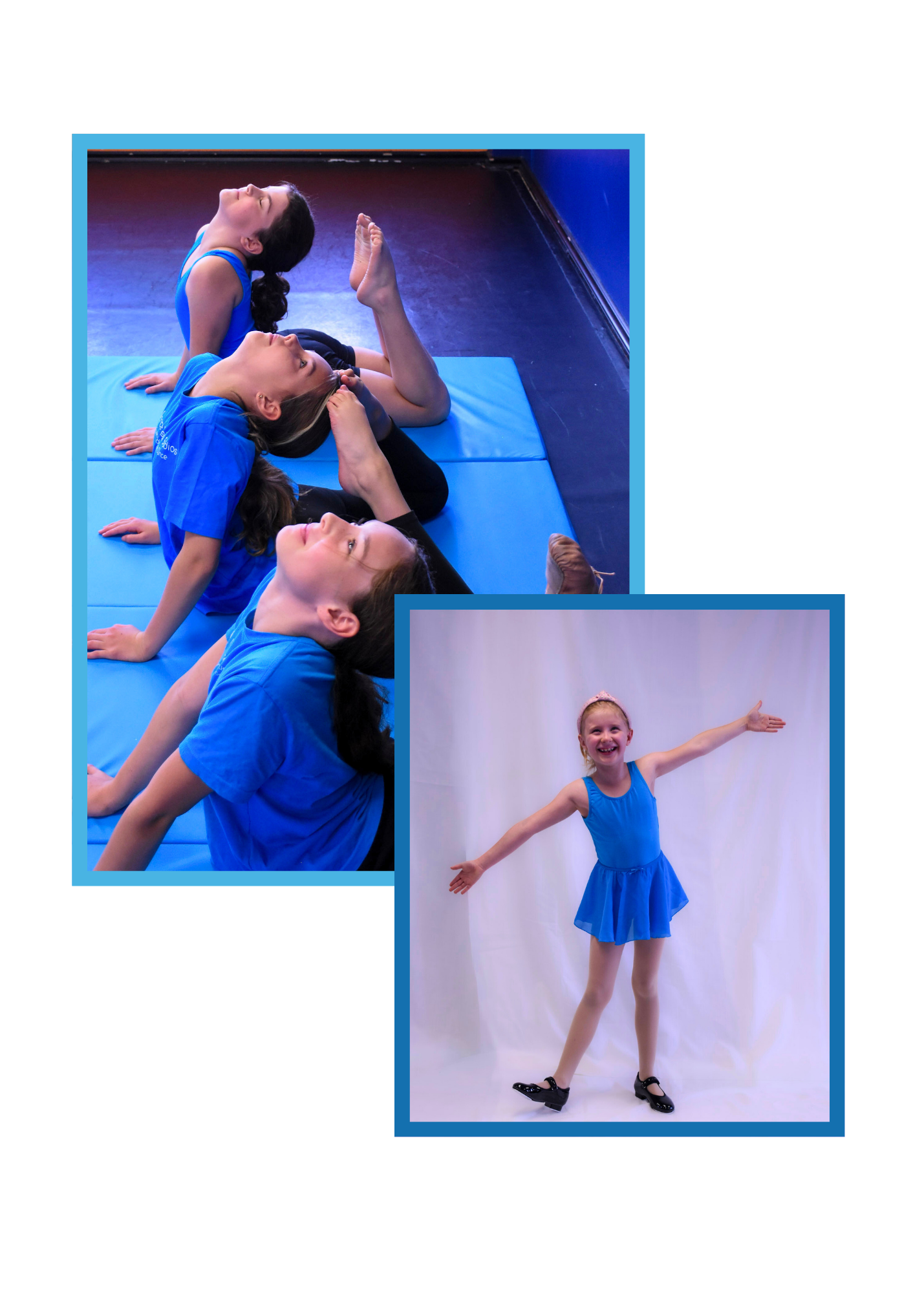 A collage of three images of young girls in blue dance costumes. The first image shows girls performing backbend poses on blue mats, with one girl lying on her back and another arching her back, looking upward. The second image features a girl posing with arms extended to the sides, smiling in front of a white backdrop.