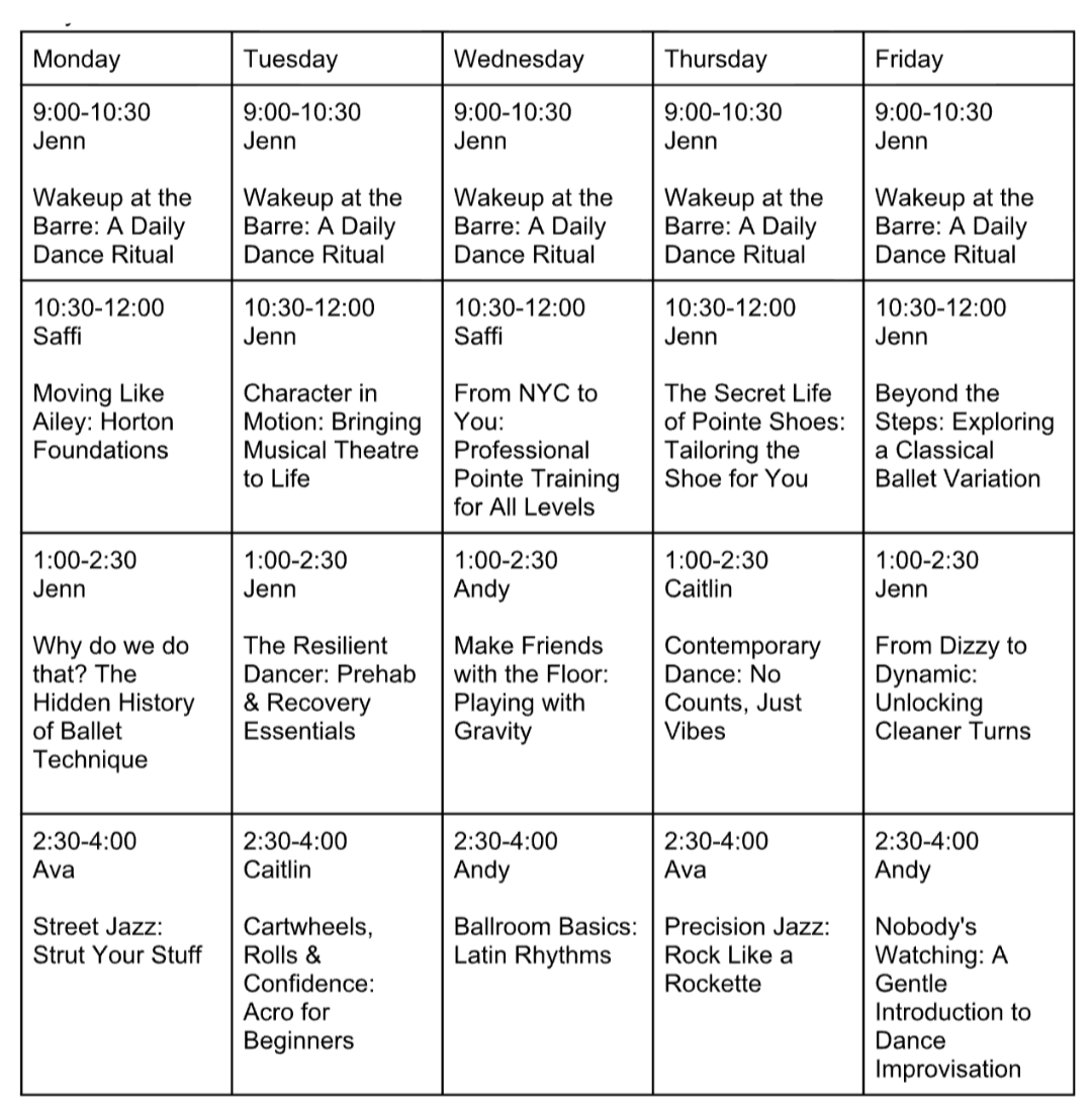 Weekly dance class schedule featuring daily classes from 9:00 AM to 4:00 PM, with instructors Jenn, Saffi, Andy, Caitlin, and Ava, covering various dance styles and techniques.