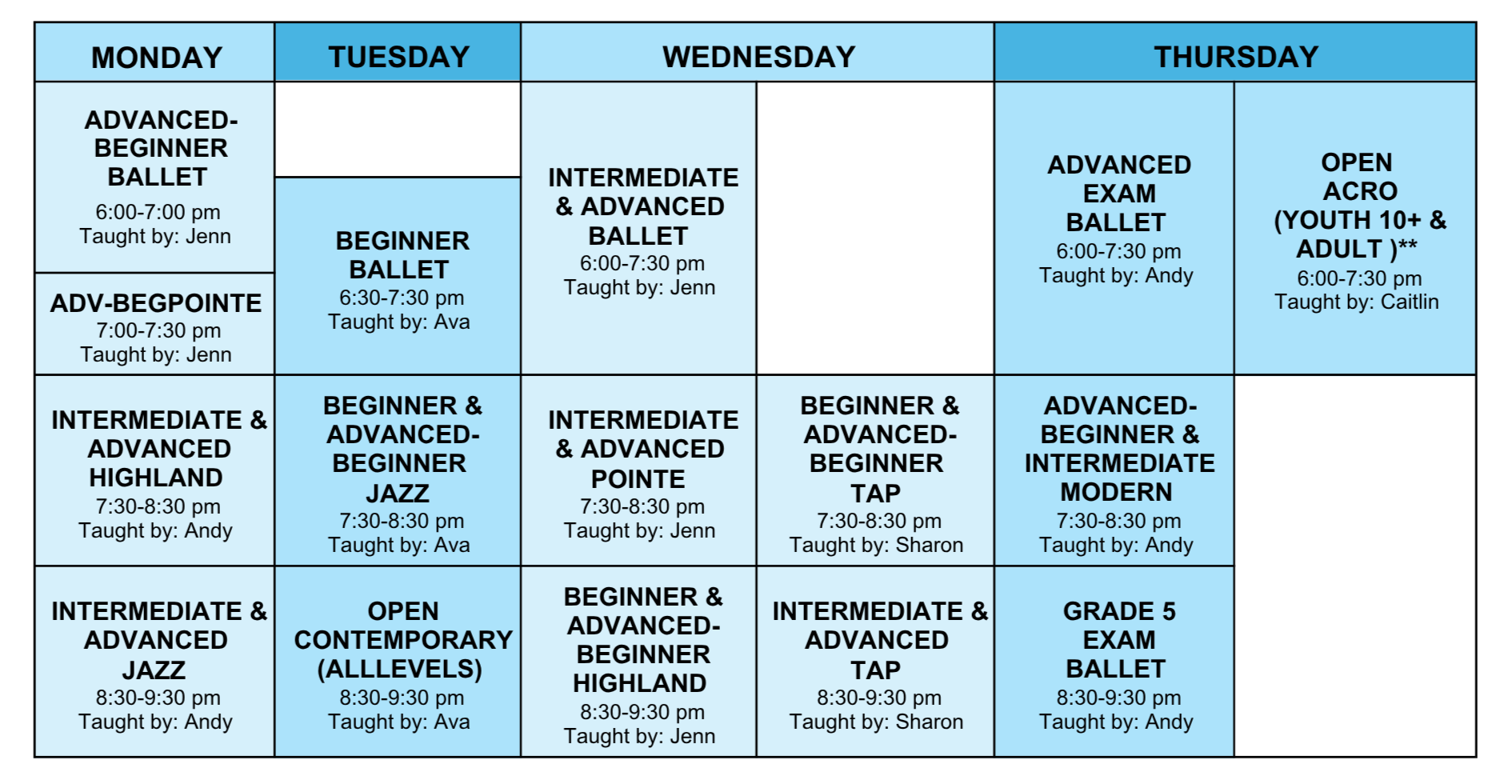 A dance class schedule grid with days of the week as columns and different dance classes as rows, all marked with times and instructors' names.