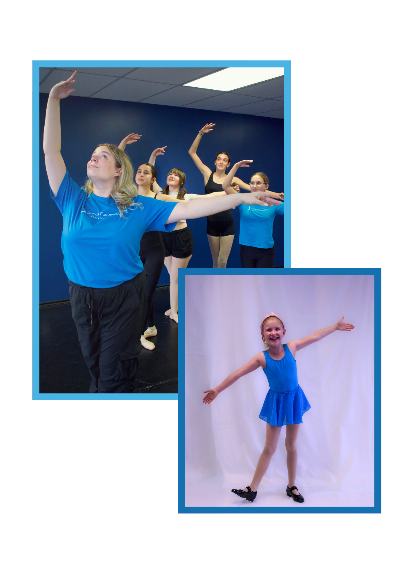 Group of young girls practicing ballet dance in studio, some wearing blue dance uniforms, one girl in a blue dress with arms outstretched, smiling.
