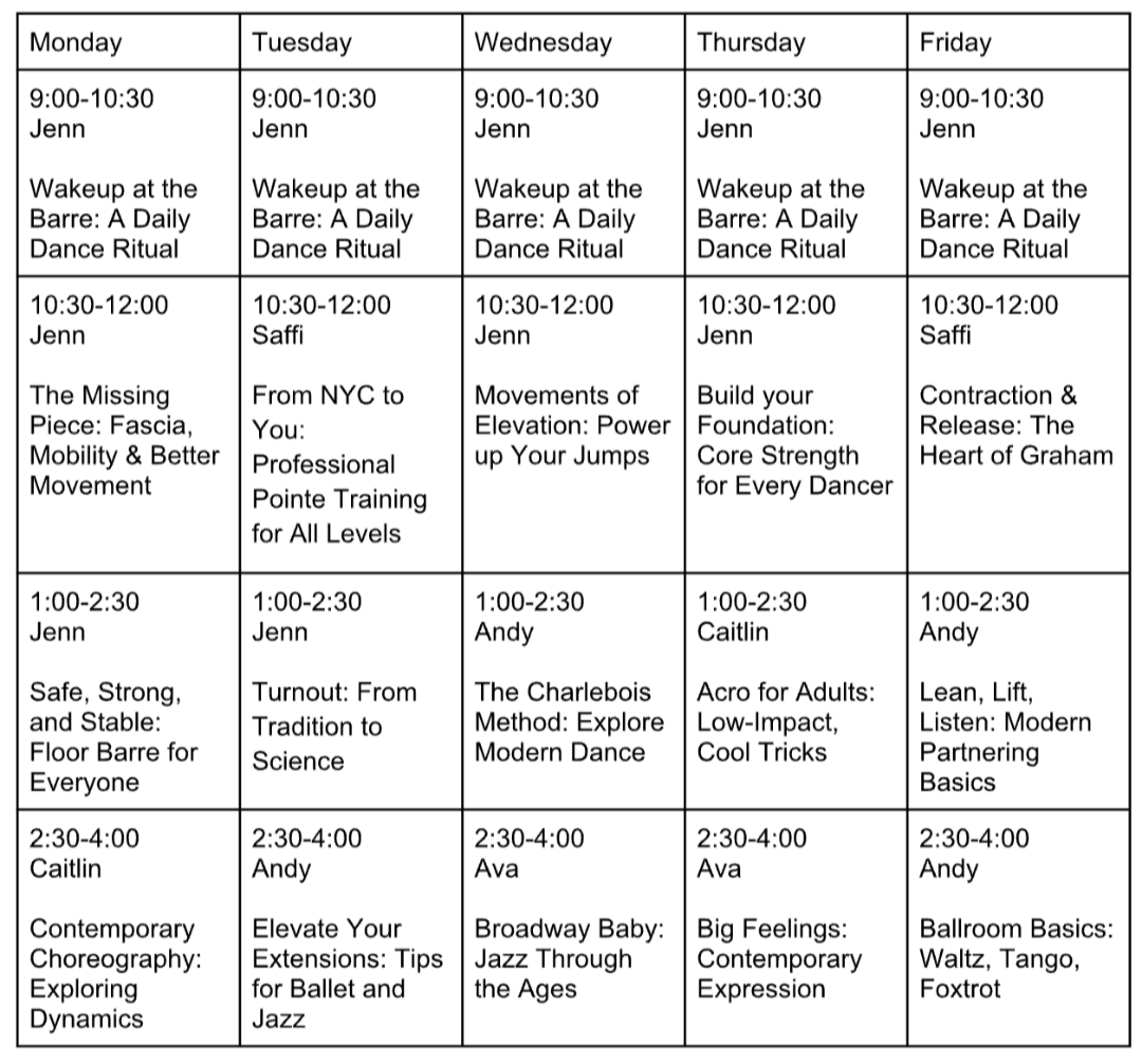 Weekly dance class schedule from Monday to Friday, listing times and instructor names for various dance and fitness classes including ballet, jazz, contemporary, and fitness routines.