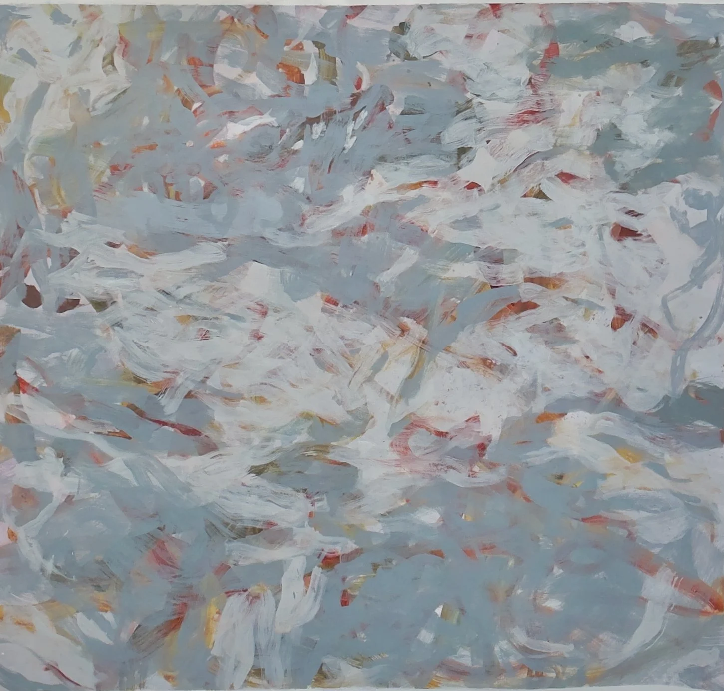 Abstract painting with swirling brushstrokes in white, gray, red, and hints of yellow and brown.