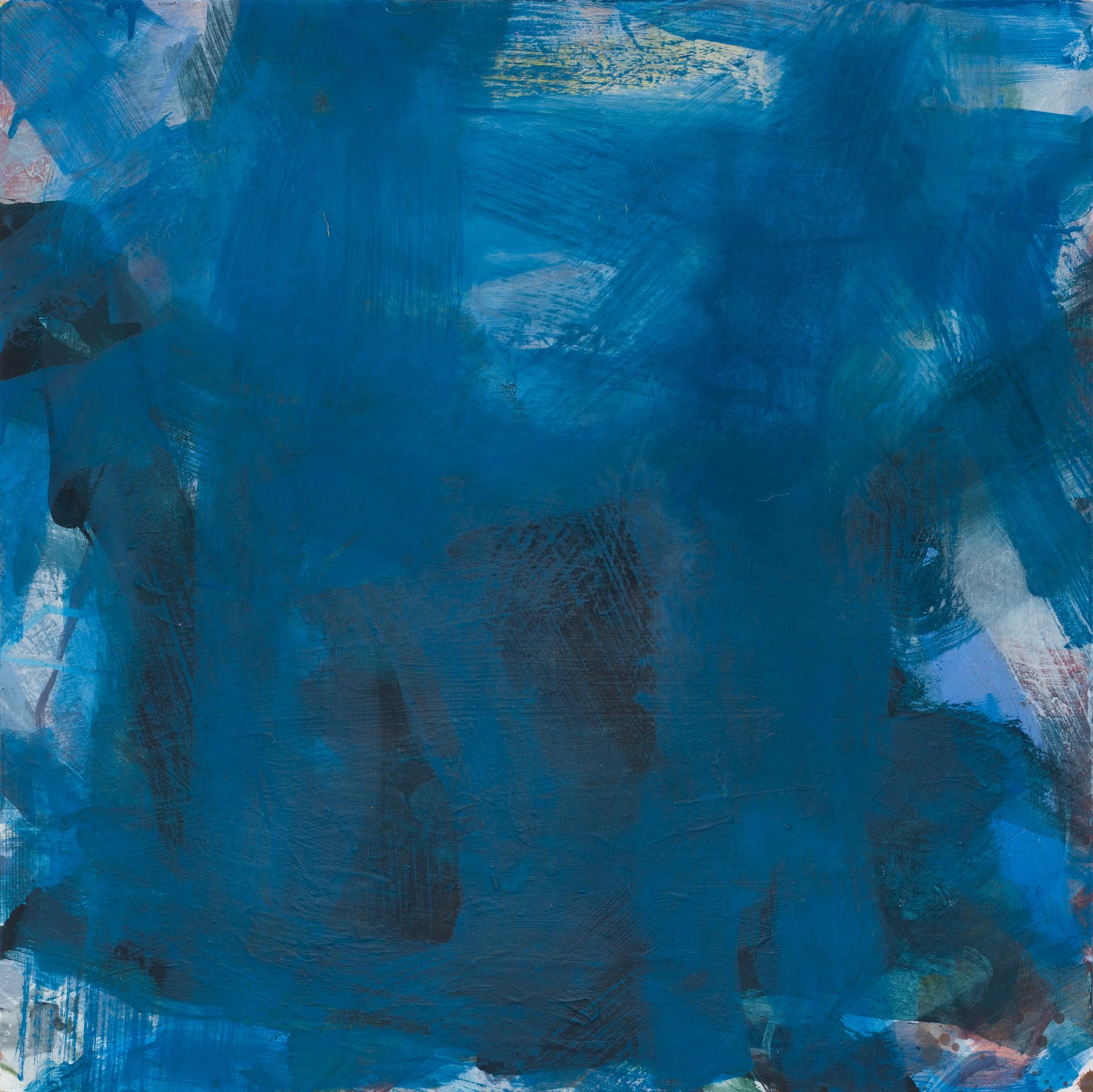 Abstract painting with dominant blue brushstrokes and hints of other colors.