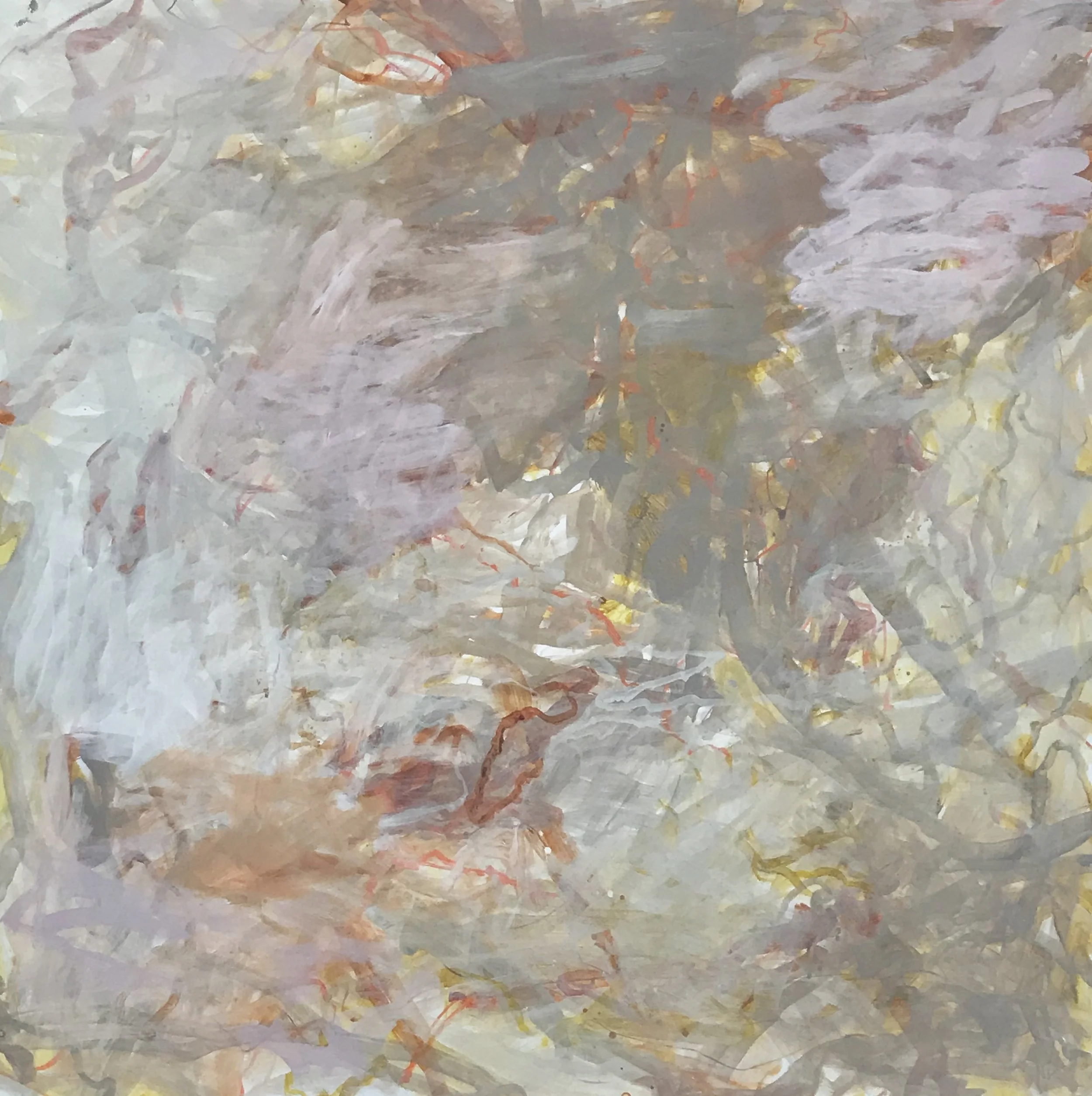 An abstract painting with soft pastel colors, including light gray, beige, white, and hints of pink and yellow, with brushstrokes creating a textured, layered appearance.