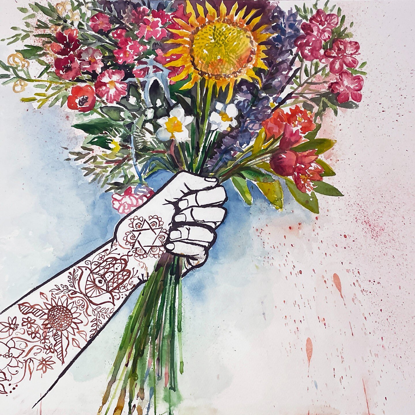 &quot;Guardians of Hope: A Bouquet of Blessings&quot; Watercolor 18&quot; x 24&quot;

In the wake of the Israeli-Hamas war, where lives hang in the balance and suffering abounds, I created this painting as an artistic offering of protection and solac