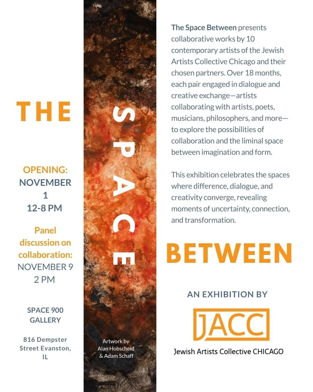 10 artists. 10 collaborations. 1 theme: The Space Between. Discover how dialogue and imagination create transformative new art.

Opening November 1: 12-8 pm 
I'll be there from 6-8 pm-come visit!

Space 900 Gallery, 816 Dempster Street, Evanston, IL
