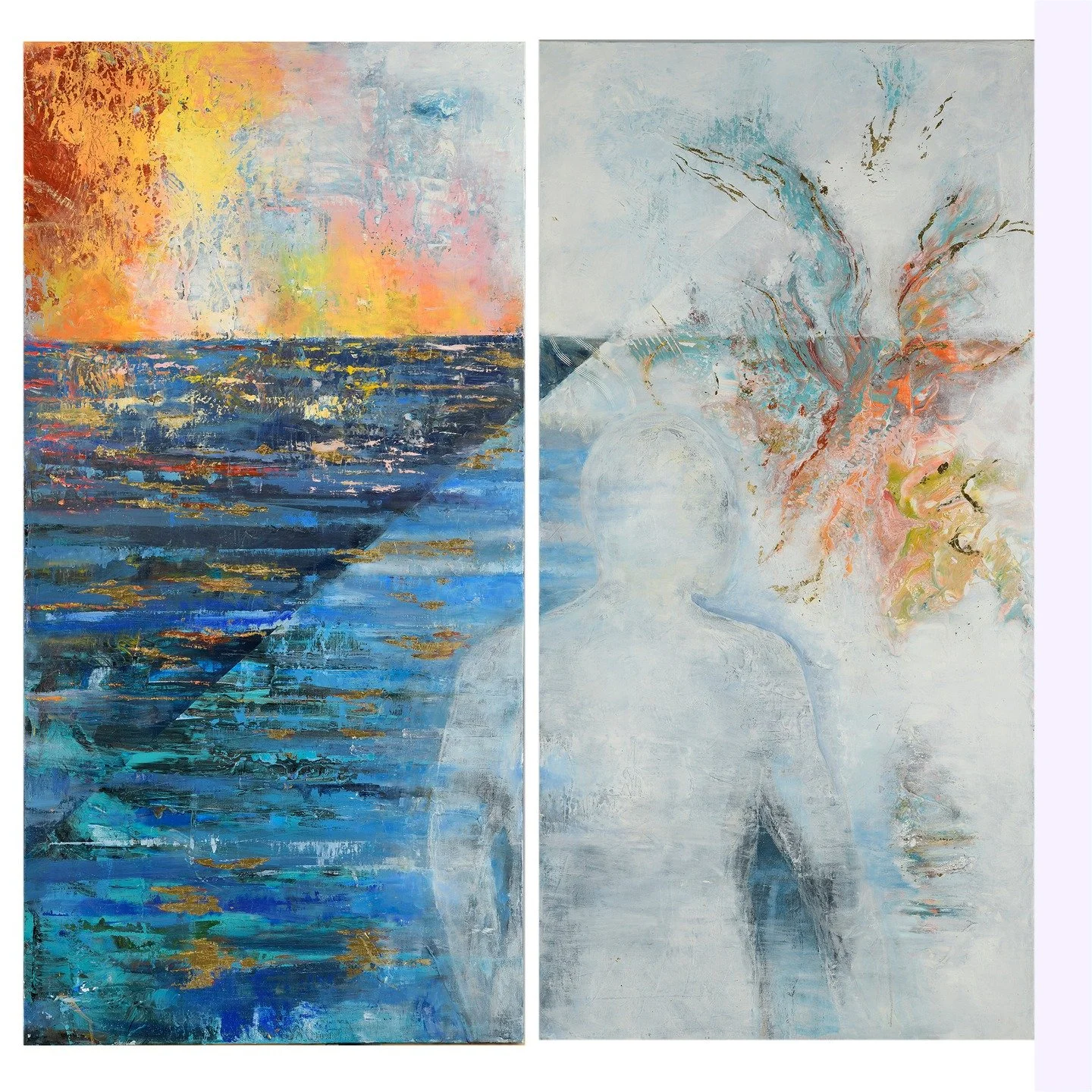 Acrylic, oil, and gold leaf on canvas. Triptych: three panels: each 4&rsquo; x 2&rsquo;. Total dimension: 4&rsquo; x 6&rsquo;
Panels 2 and 3