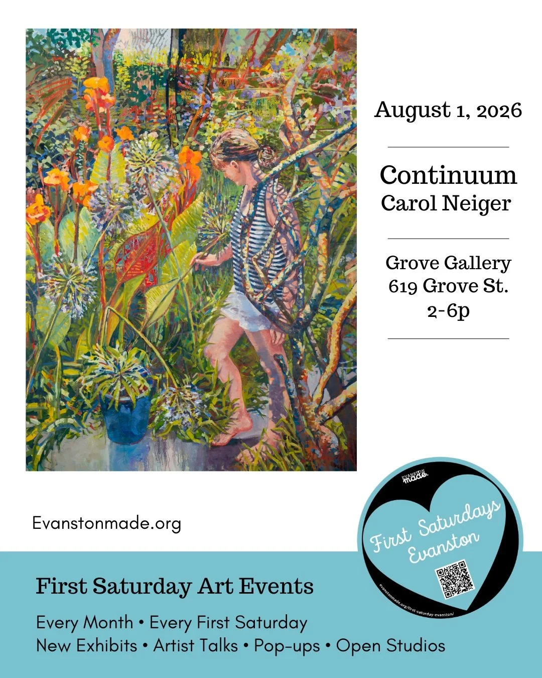 Looking forward to a fun day. See you soon!

#evanstonmade #evanstonart #firstsaturdayartcrawl #ContinuumExhibition
#CarolNeiger
#SoloExhibition
1m