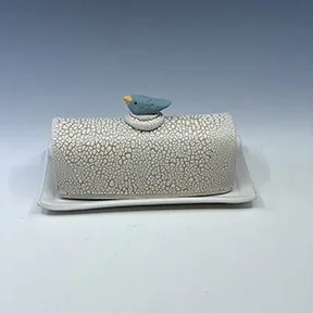 white crackle bluebird butter dish