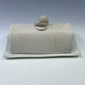 white crackle owl butter dish back