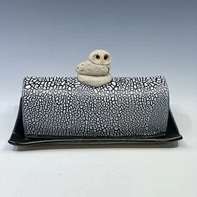 dark crackle owl butter dish