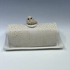 white crackle owl butter dish