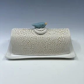 white crackle bluebird butter dish
