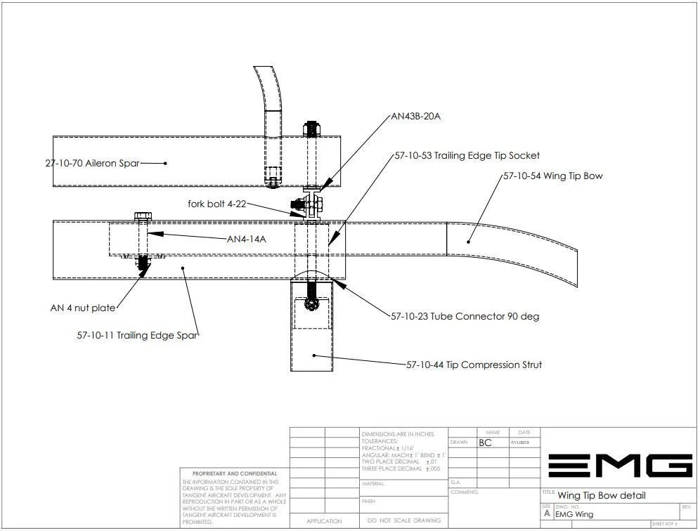 The wing tip is held in place with two bolts and a plastic socket that mates it to the larger diameter leading and trailing edges. The leading edge installation is similar to that of the trailing edge.