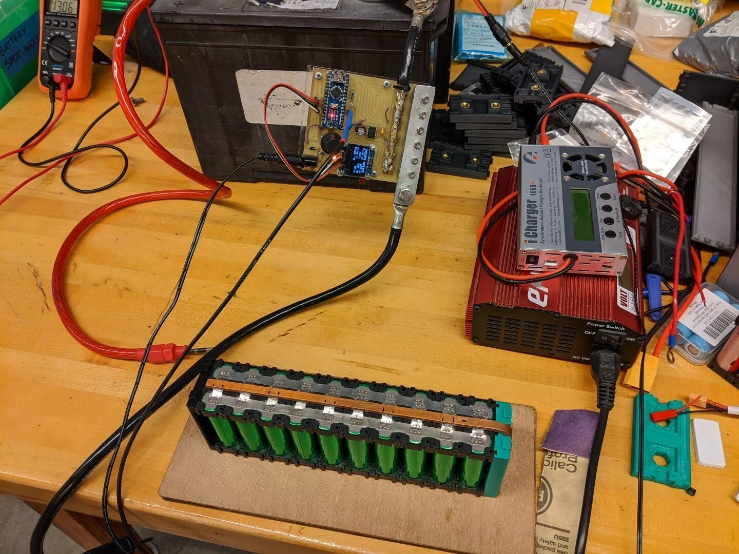 The negative side of this module has been spot welded. We perform 3 welds per battery terminal, both on the positive and negative ends. That's 3,360 welds for the entire pack.