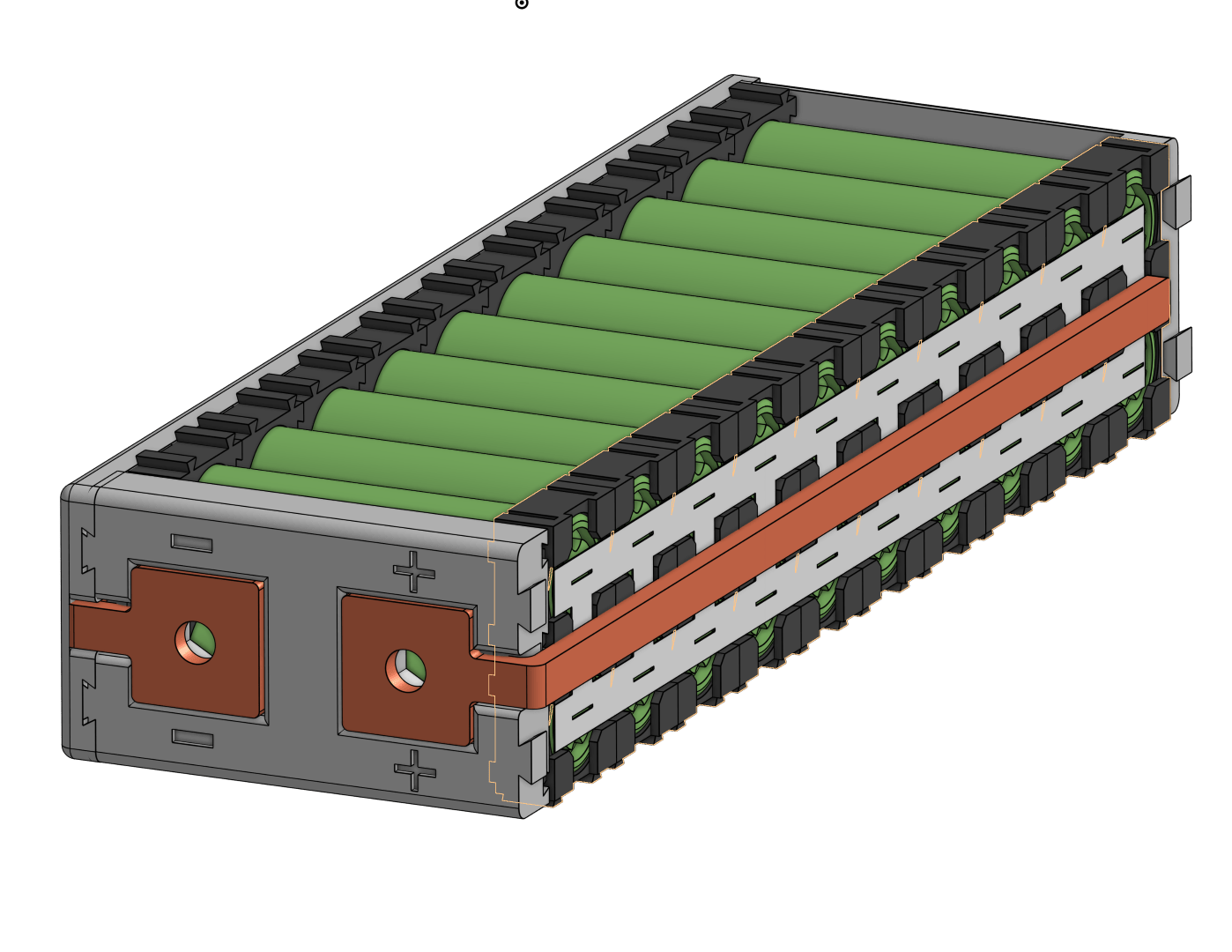 CAD rendering of the 1S20P module. Cells are held in place with standard 18650 battery holders and custom 3D printed ends. Parallel connection are made via spot-welded nickel strips and copper bus bars.
