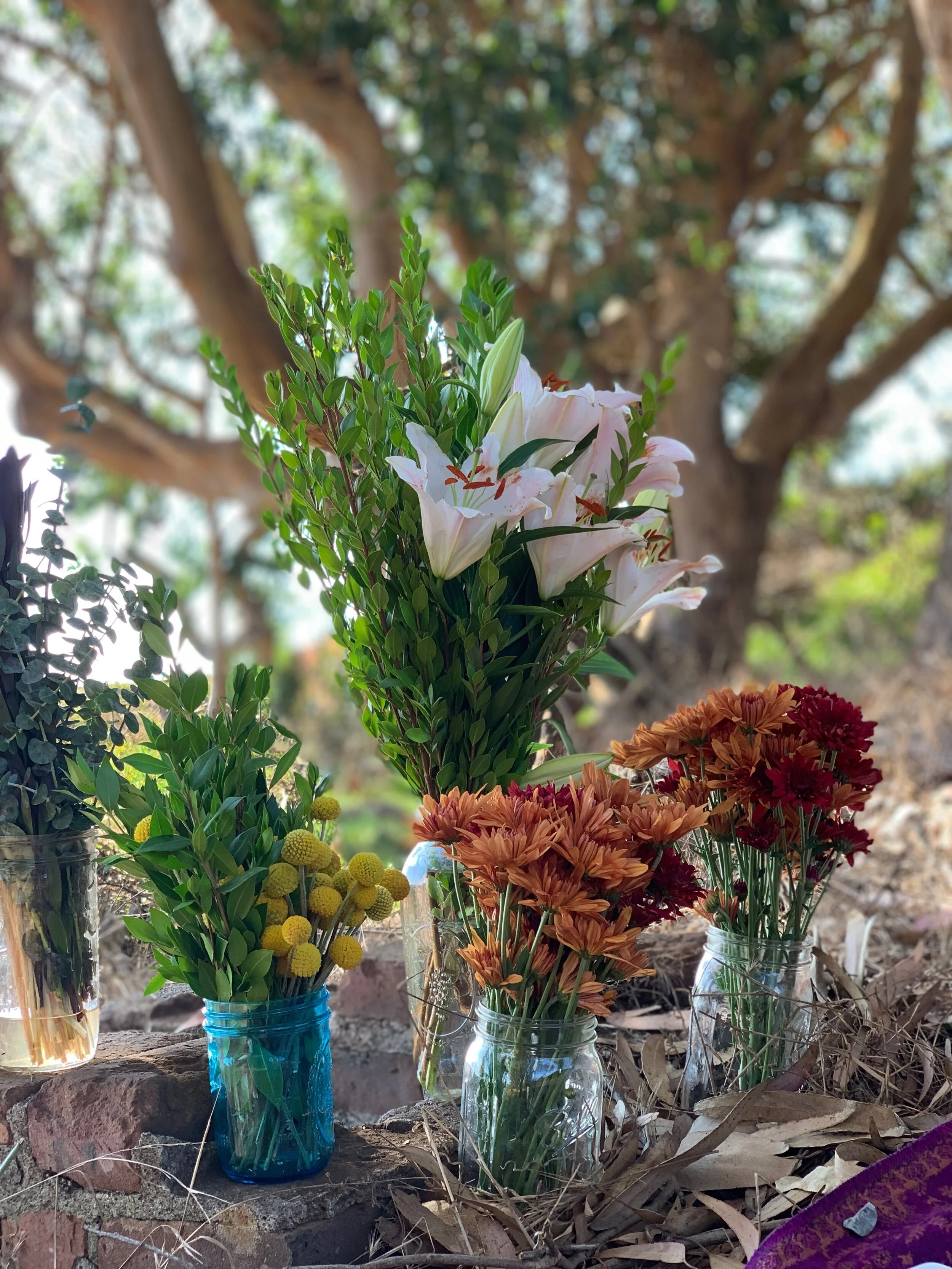 Bouquets of various flowers in glass jars on a brick wall outdoors, with trees in the background.