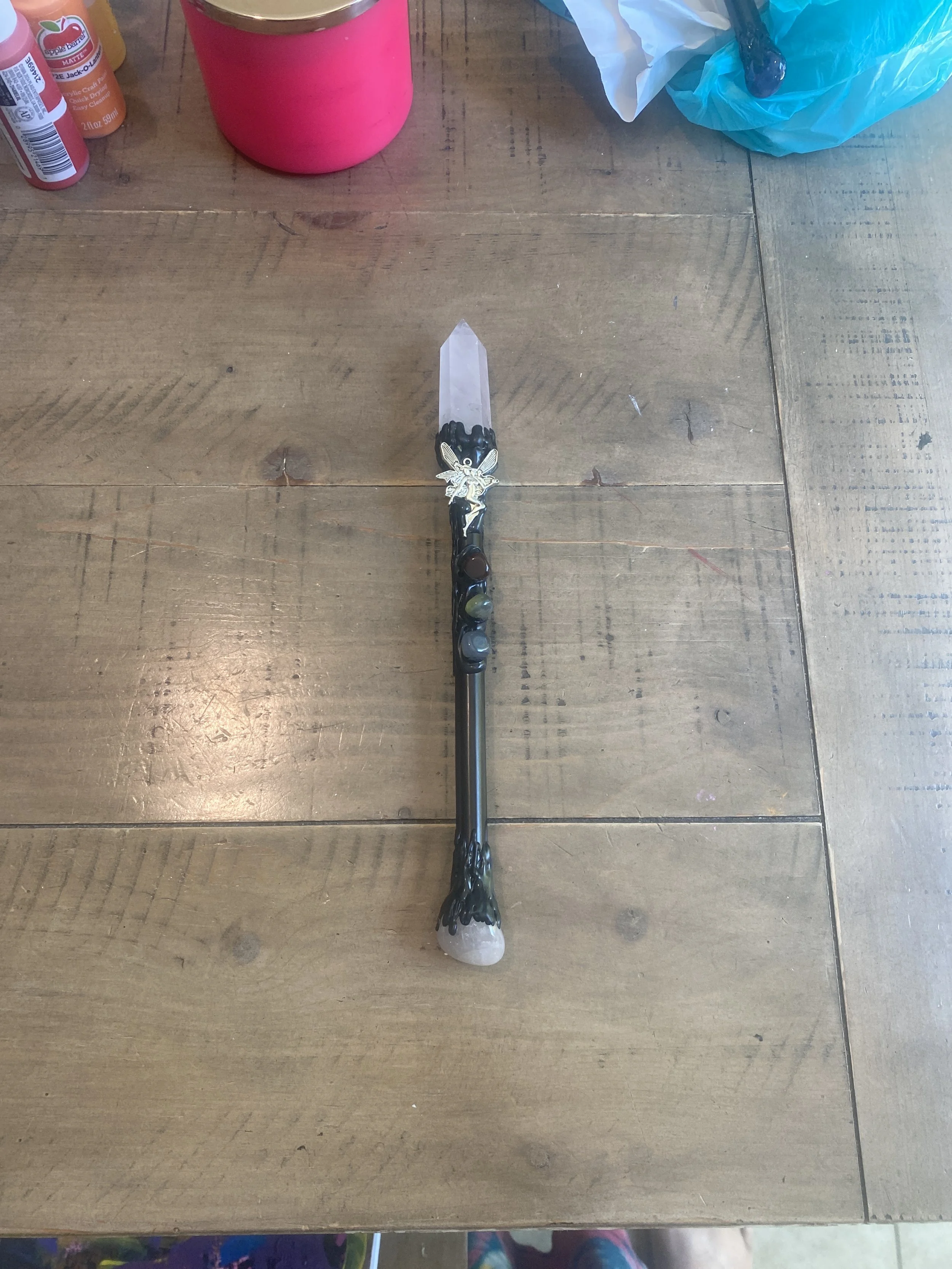 Rose Quartz Crystal Wand with Fairy Pendant