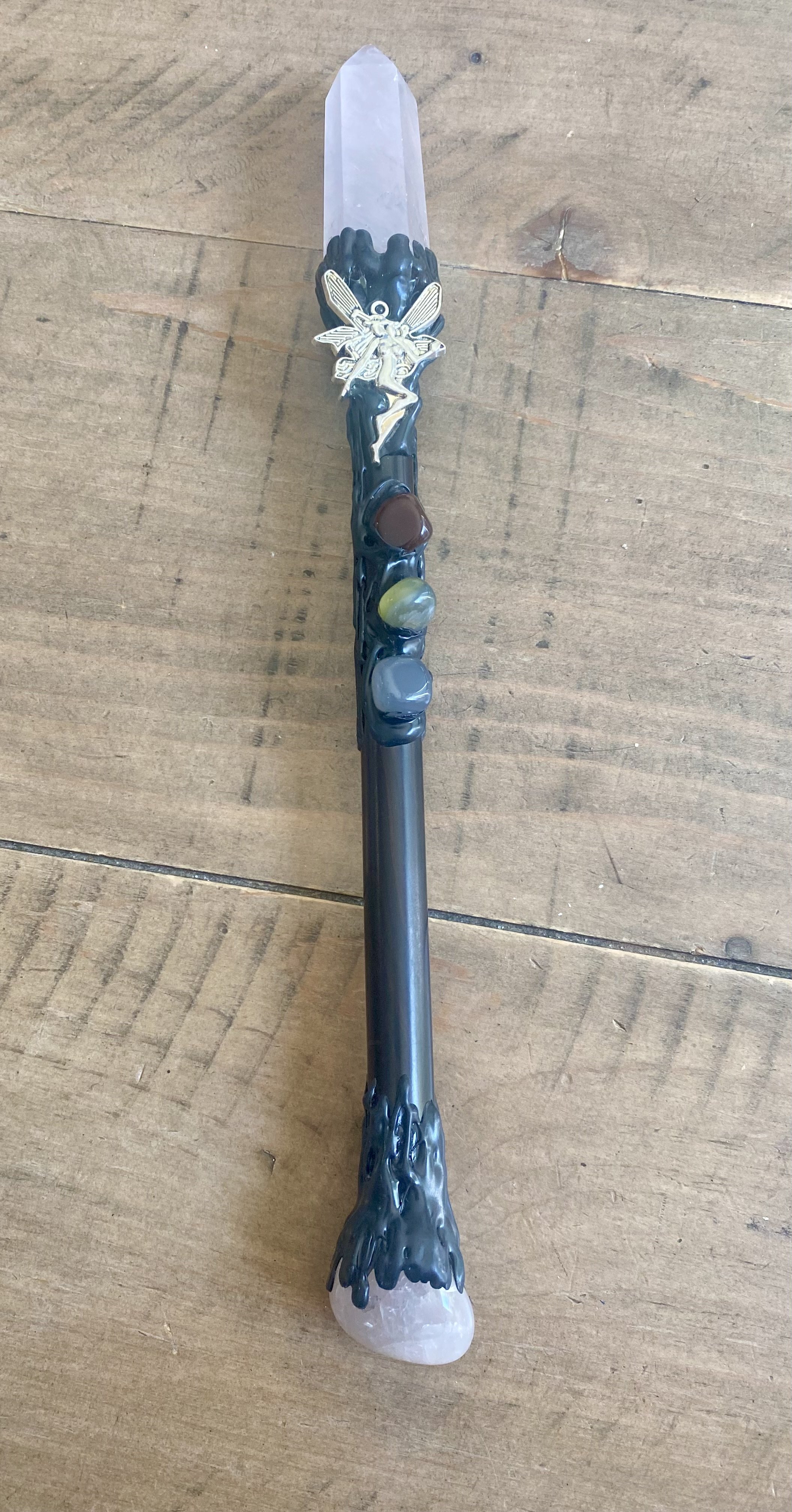 Rose Quartz Crystal Wand with Fairy Pendant