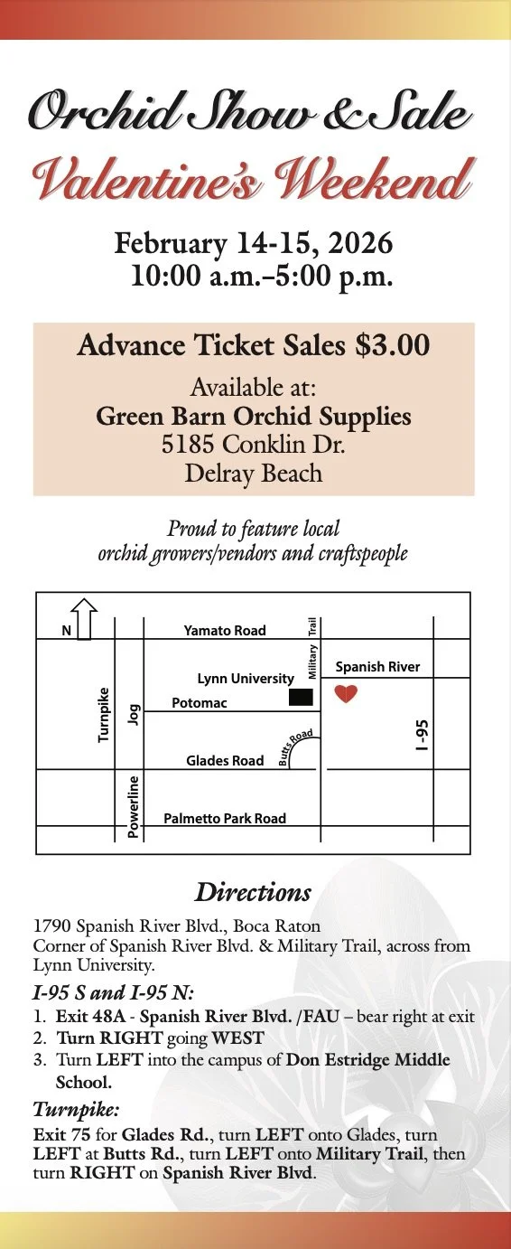 Flyer for the Boca Raton Orchid Society Orchid Show & Sale, Valentine's Weekend, February 14-15, 2026, from 10 a.m. to 5 p.m., hosted by the Boca Raton Orchid Society at Don Estridge Middle School.