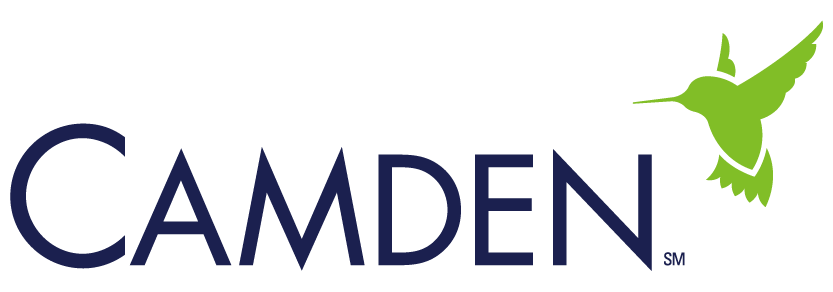 Camden logo featuring the word 'CAMDEN' in blue capital letters and a green hummingbird flying above and to the right of the text.