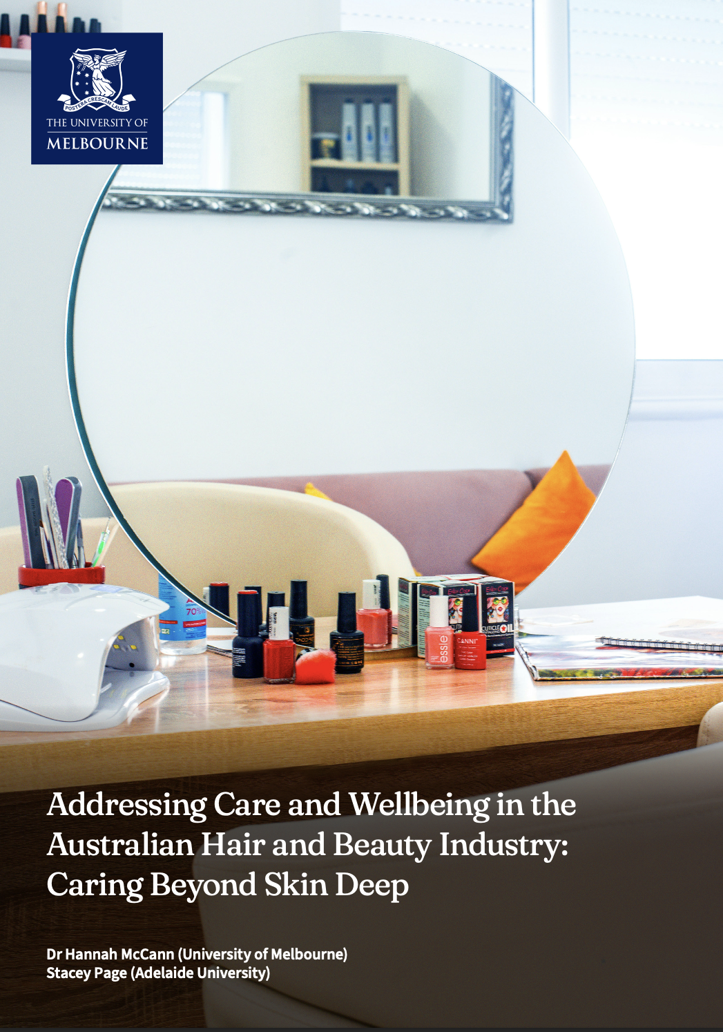Industry report front cover – a round mirror with beauty products and nail polish in front of it
