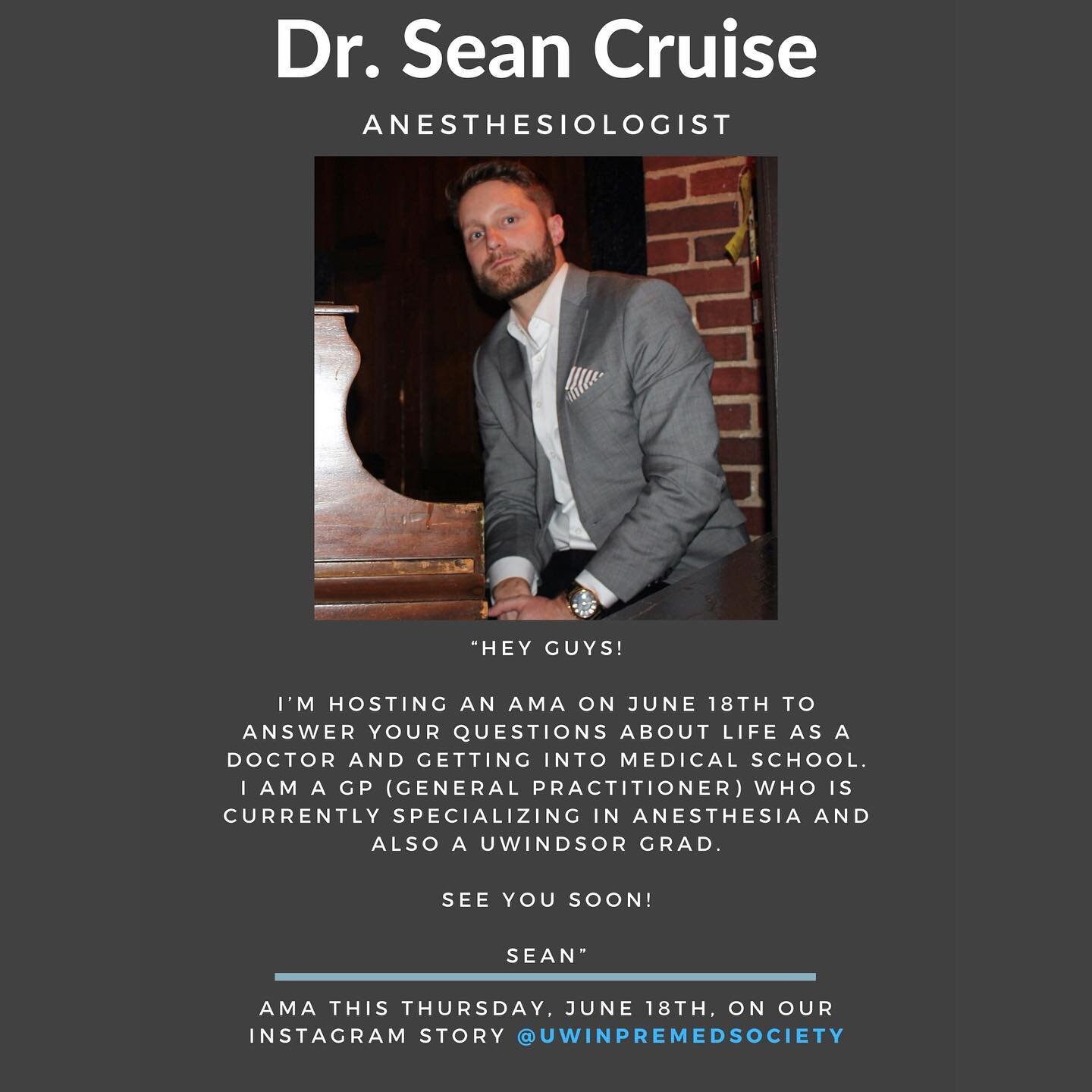 Tune in to our story all day tomorrow for our Thursday Q&amp;A featuring Dr. Sean Cruise! Dr. Cruise will be taking over our Instagram to answer any questions you may have about his undergrad/medical school journey or life as an anesthesiologist! Go 