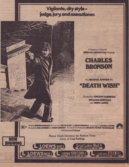 Original newspaper ad for "Death Wish" (1974).