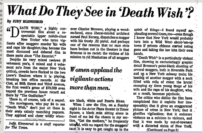 Original newspaper coverage of "Death Wish" (1974).