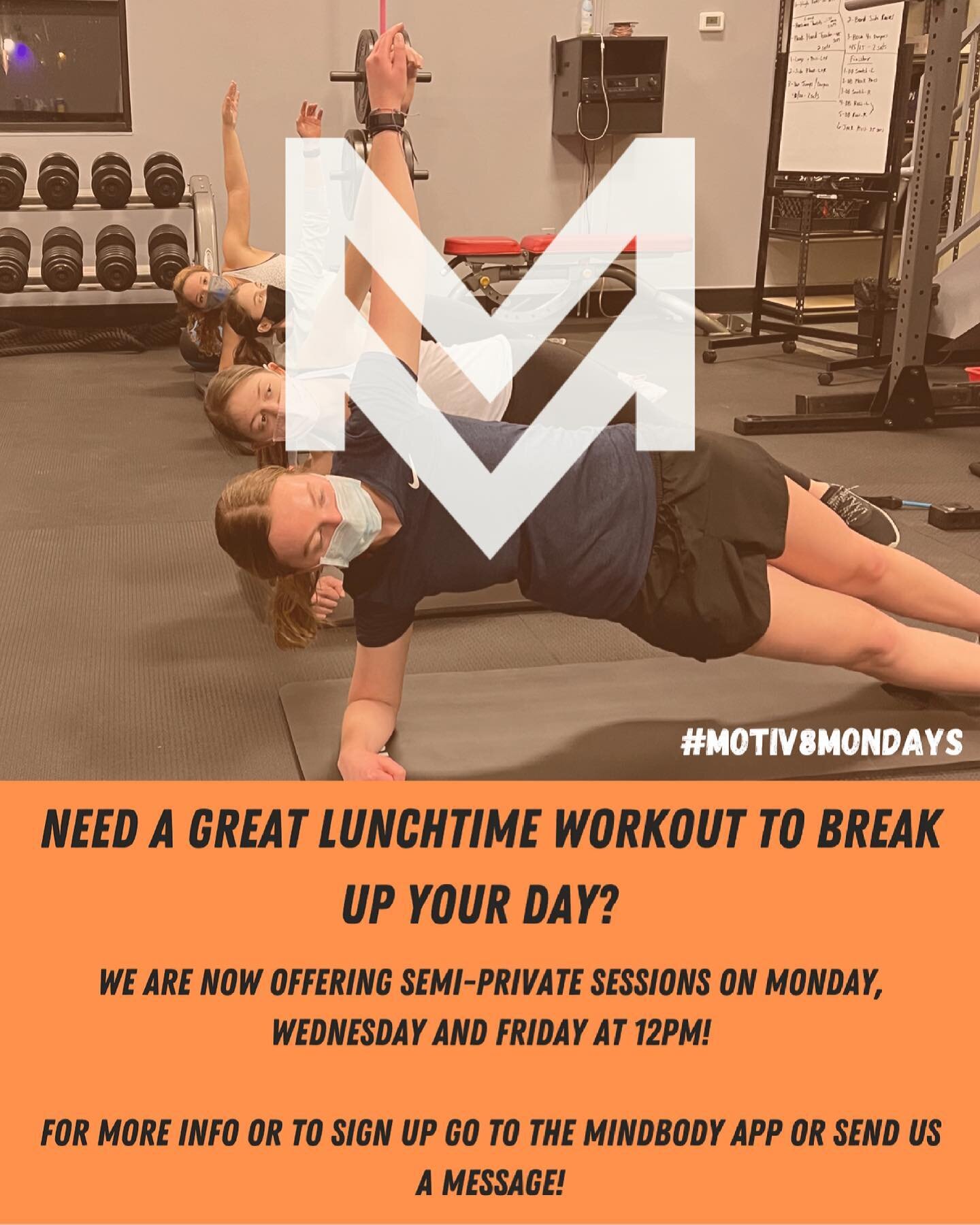 Join us at lunchtime for a semi-private session to help break up your work day! Starting this Monday (TODAY) we will be offering these sessions on Monday, Wednesday and Friday, WEEKLY at 12pm for 45 minutes! 

These semi-private sessions will be limi