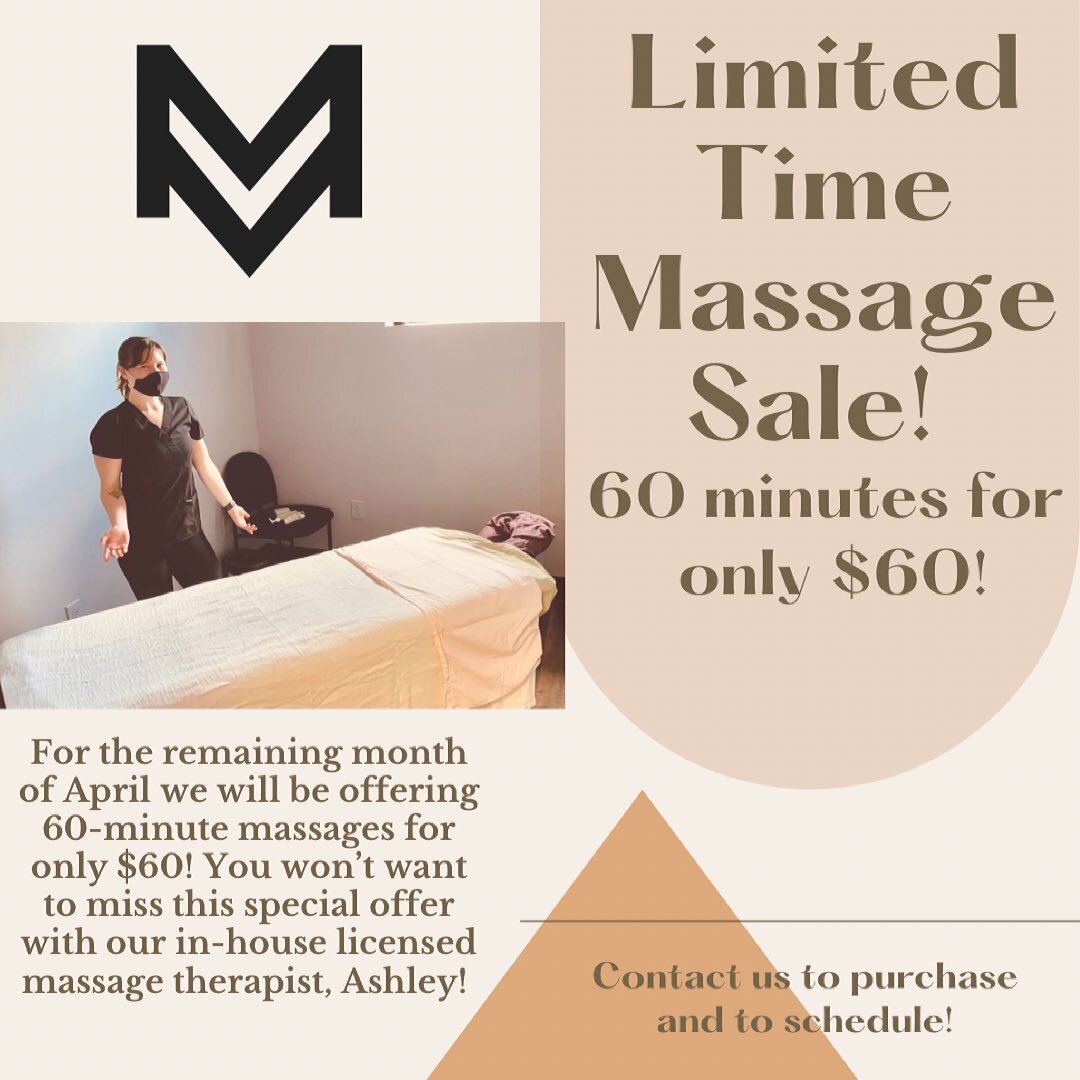 Did you know we now have a private massage room and we offer massage services? Our Licensed Massage Therapist Ashley is offering a great deal for the remainder of April! 

Get a 60 minute massage for only $60! The type of massage you would like to ha