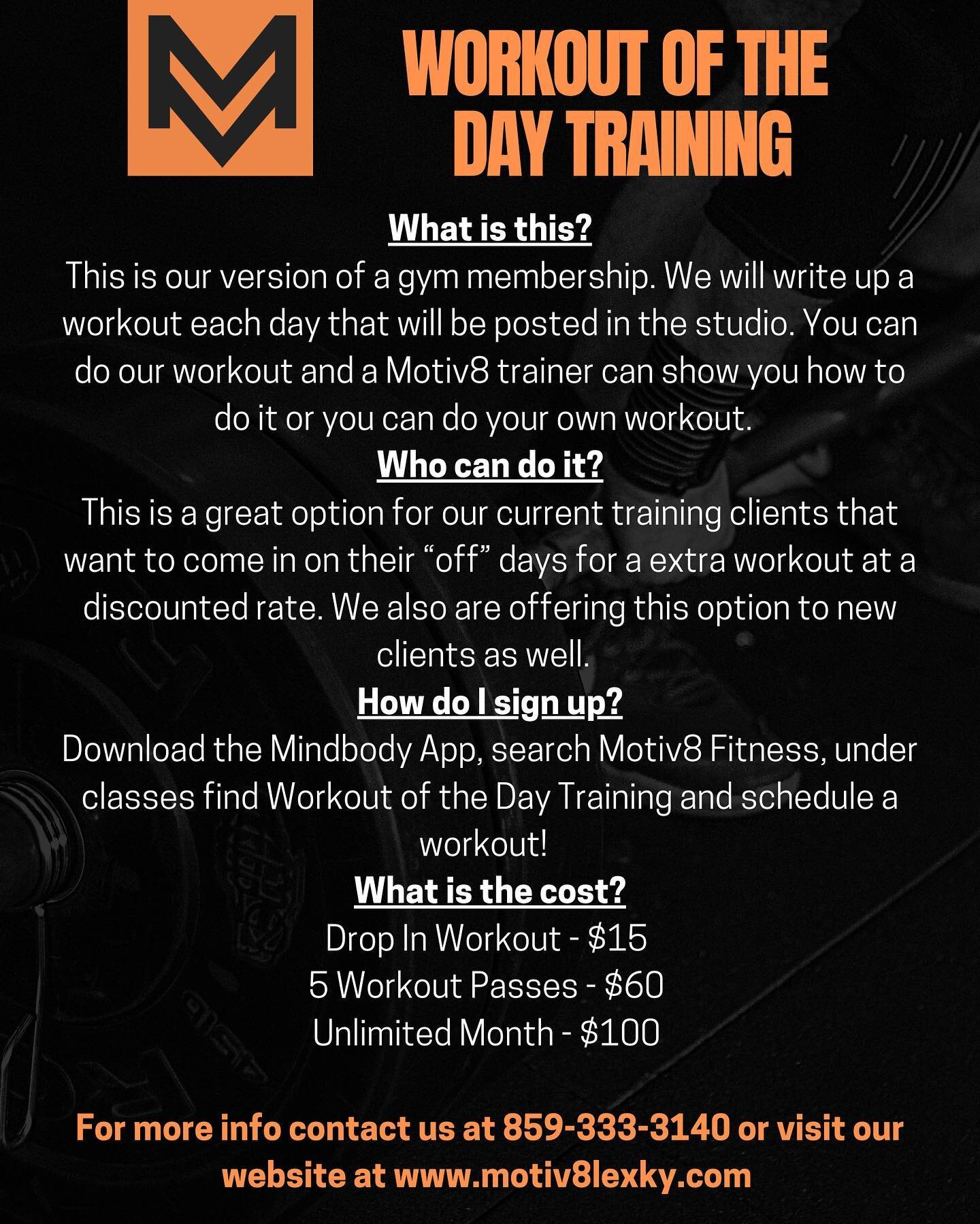 Are you someone who has a gym membership and you never use it? Not sure what to do or how to workout safely? Do you want to have the accountability from a personal trainer? 

Introducing Workout Of The Day Training! 

This is our version of a members