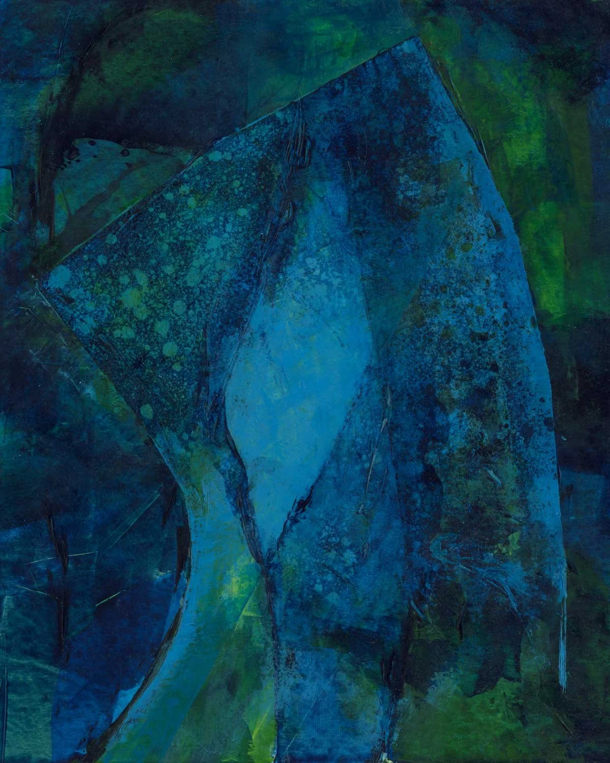 abstract painting that has an elongated block type shape with textures of blue and green that looks like it in the deep sea