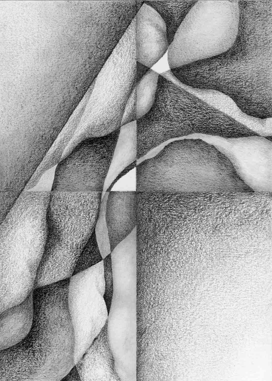 An abstract drawing of block and cruved shapes that looks like a human figure