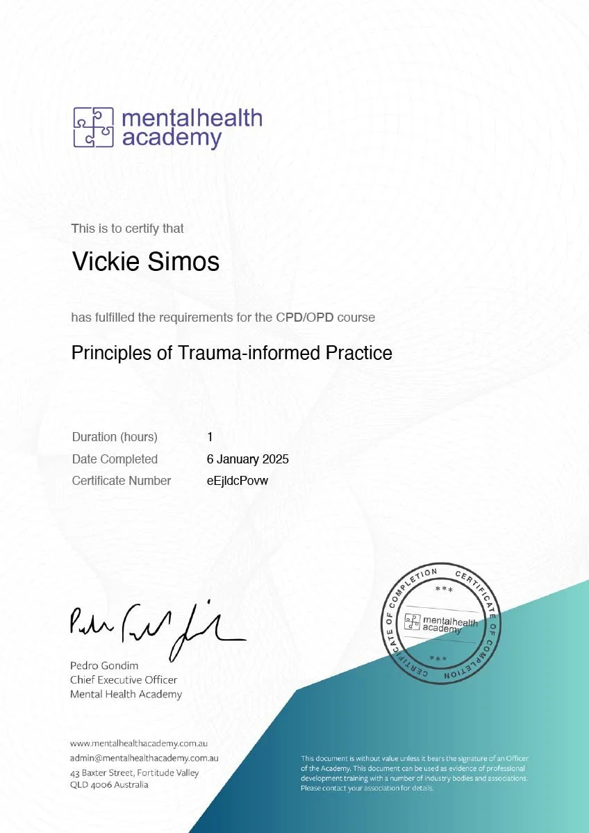 Vickie Simos - Principles of Trauma-informed Practice Certificate, MHA 2025