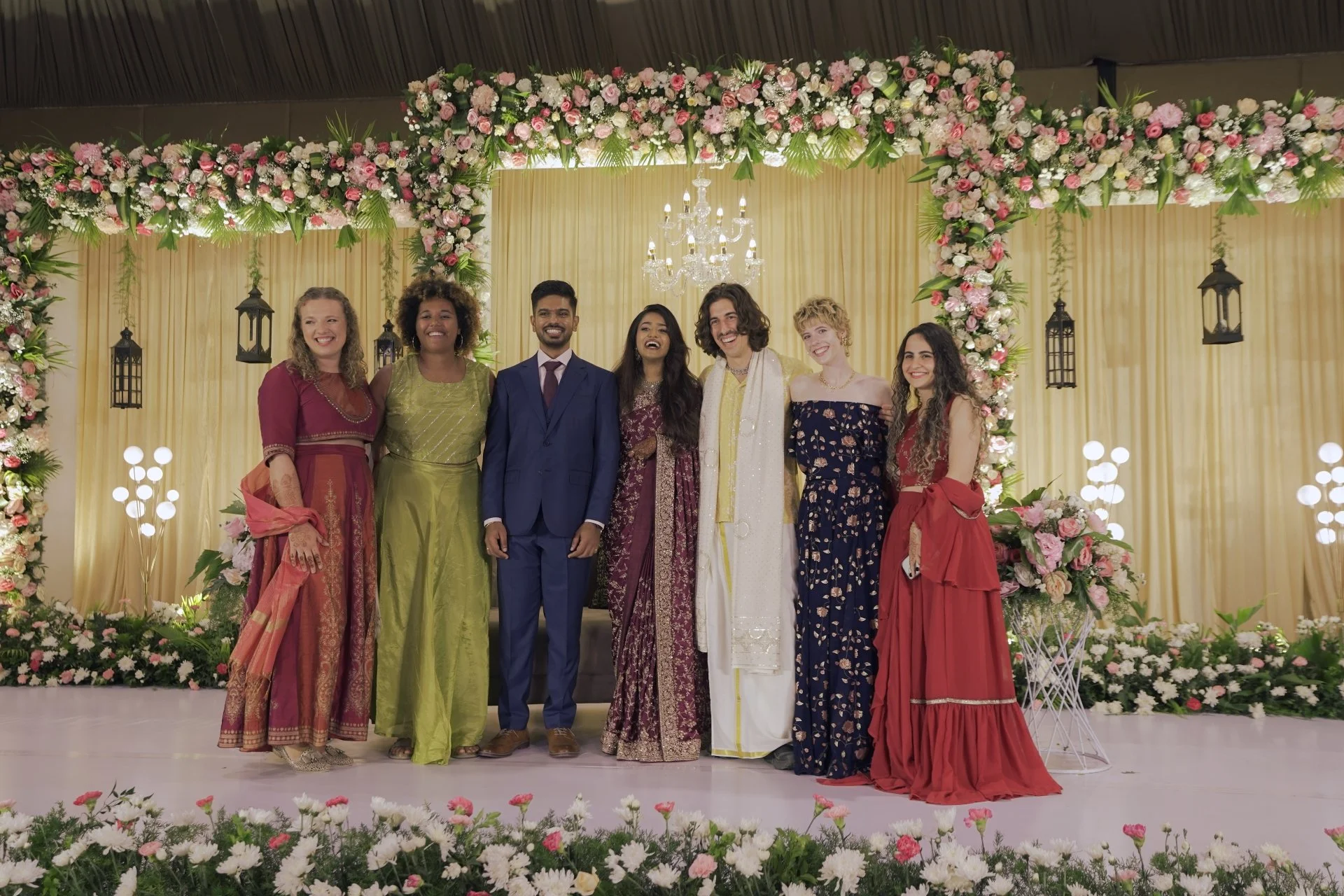 Night wedding reception at Hanu Reddy Pavilion SPP Gardens Chennai with fairy lights and stage decor