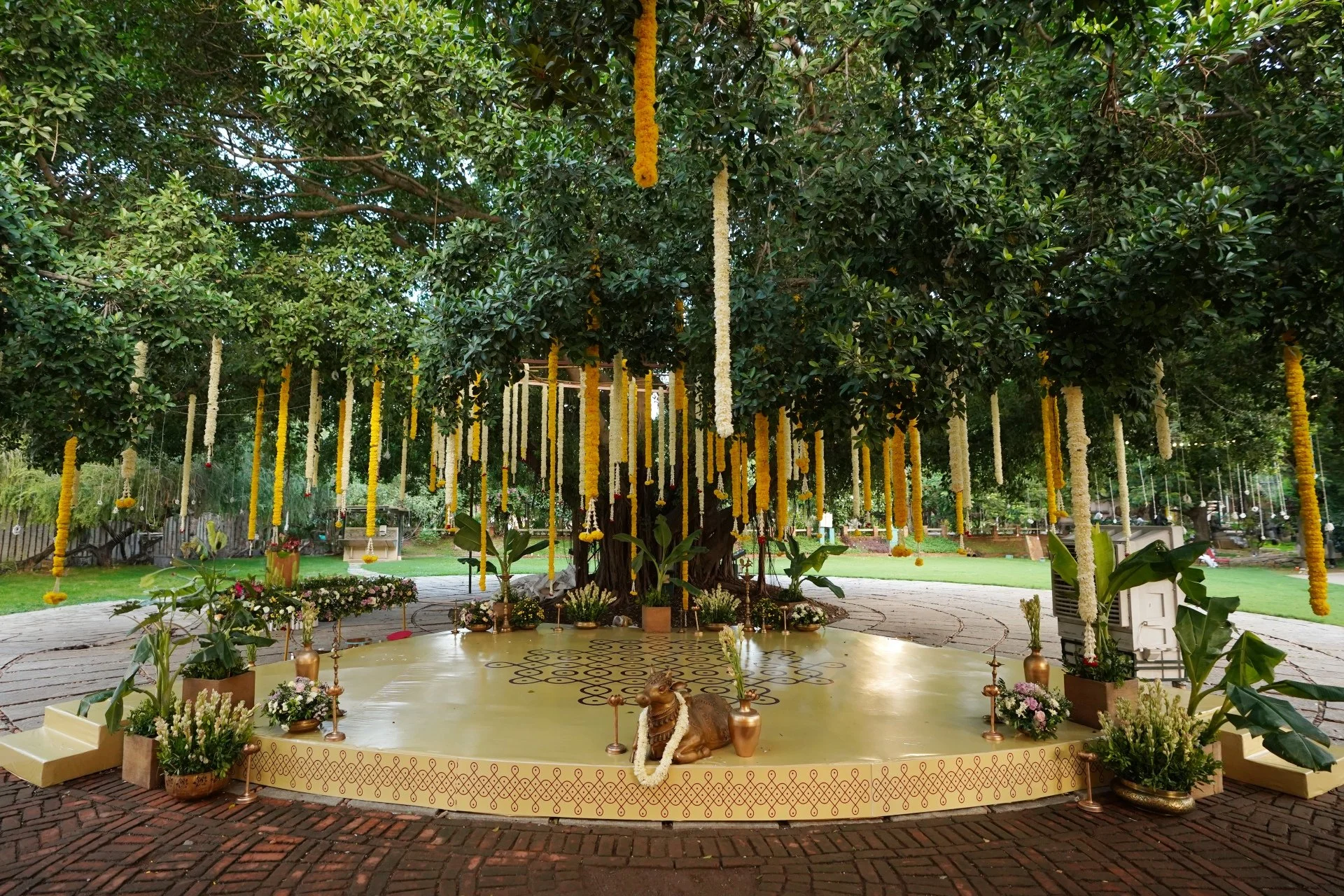 Eco-friendly wedding decor with banana leaves and clay pots at a sustainable wedding venue in India