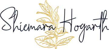 Elegant logo featuring gold botanical design with the text "Shiemara Hogarth" in a black scripted font, on a white background.