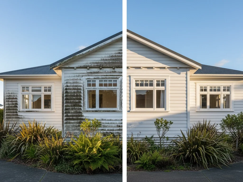Before and after house washing results showing mould removed from NZ weatherboard home exterior