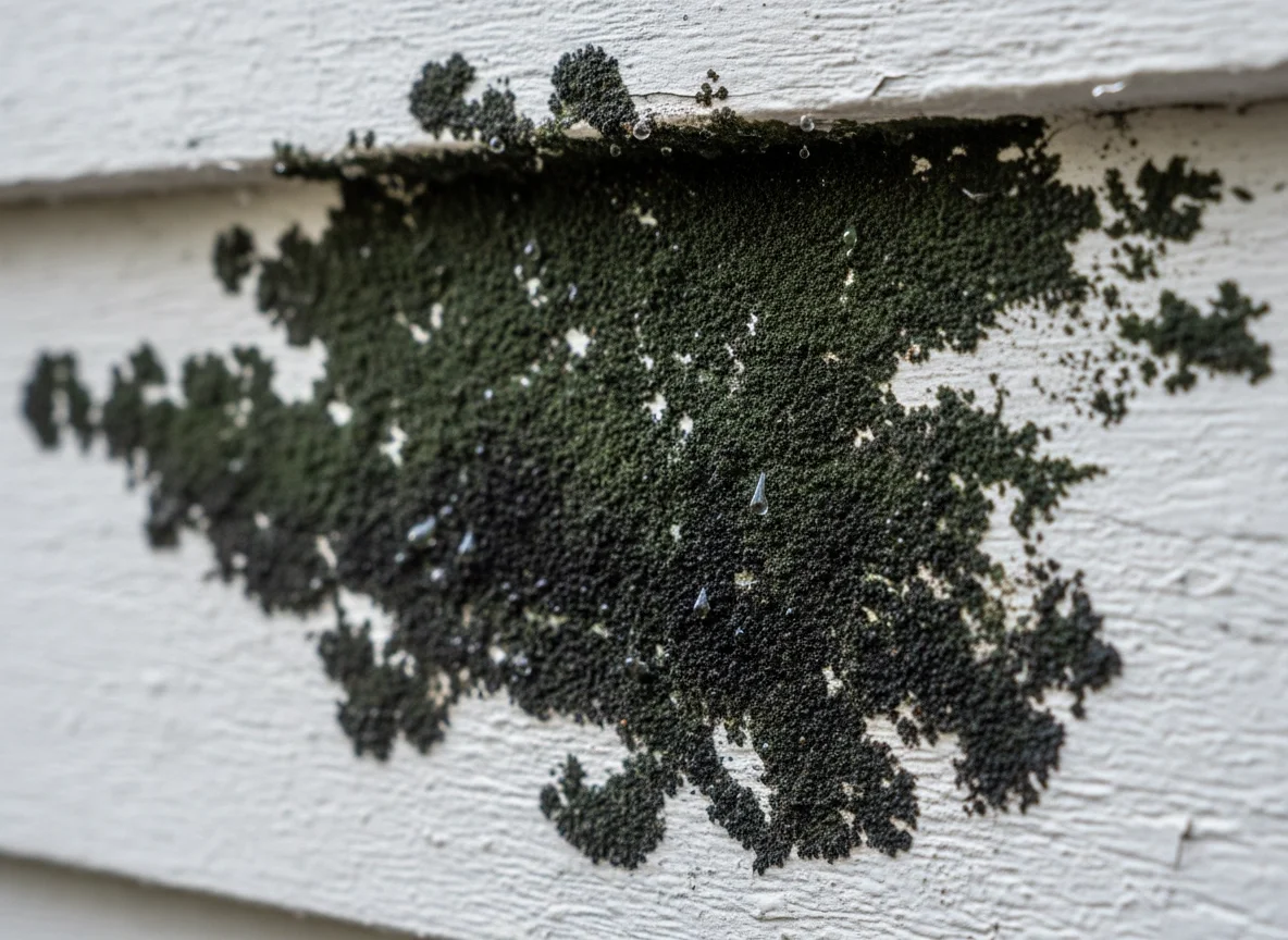 Close-up of black mould and algae growth on white weatherboard cladding needing house washing