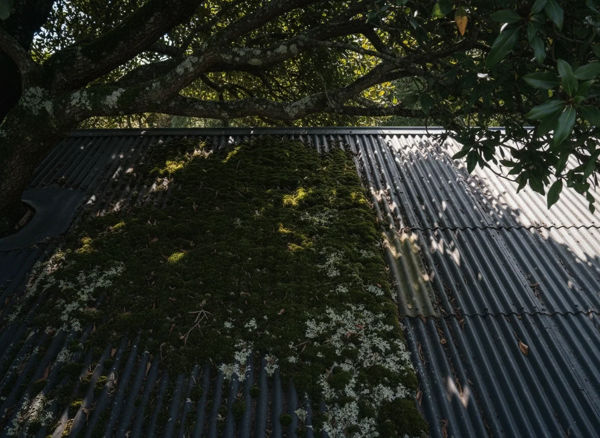 Dense moss growth on a shaded corrugated iron roof under overhanging trees in NZ